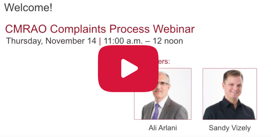 Screenshot of CMRAO 's Youtube Video, Webinar Recording: The Complaints Process
